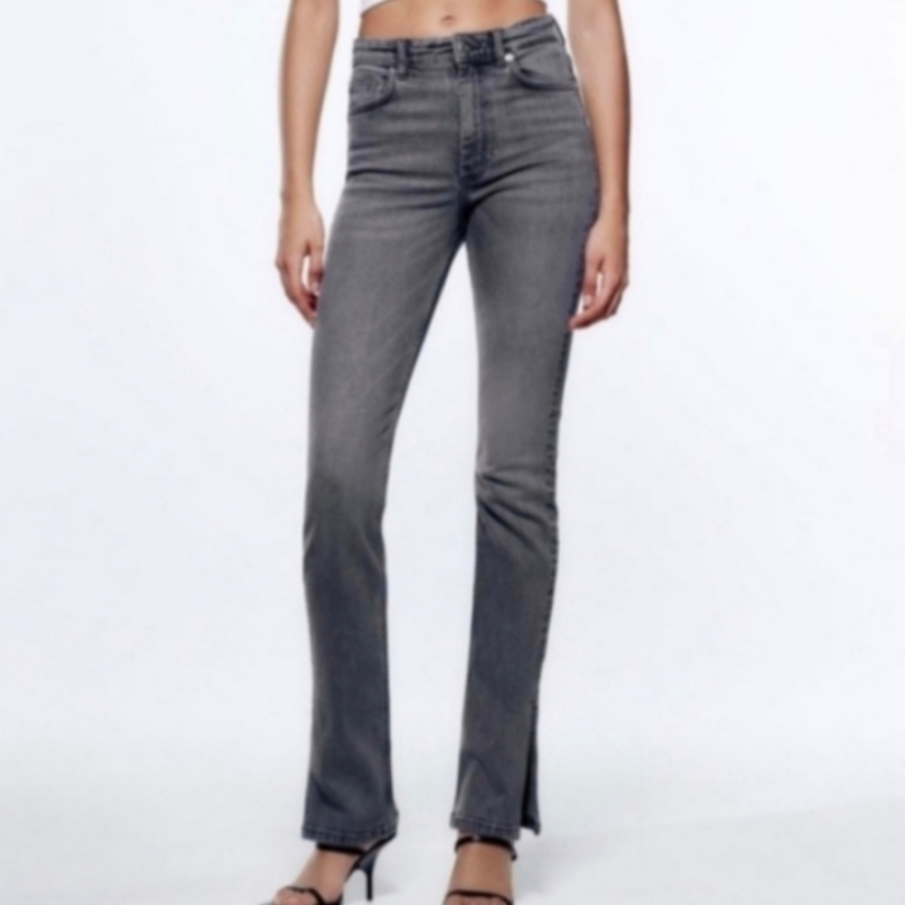 Zara High Rise Split Hem Grey Jeans